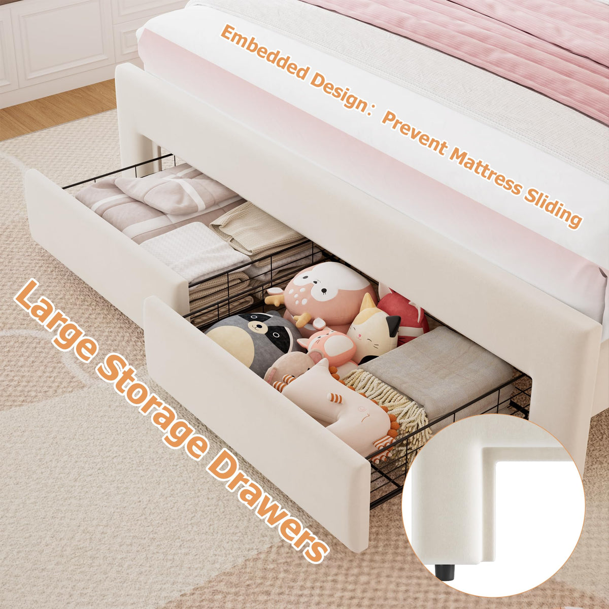 Beige Velvet Upholstered LED Bed Frame with 2 Storage Drawers Q333