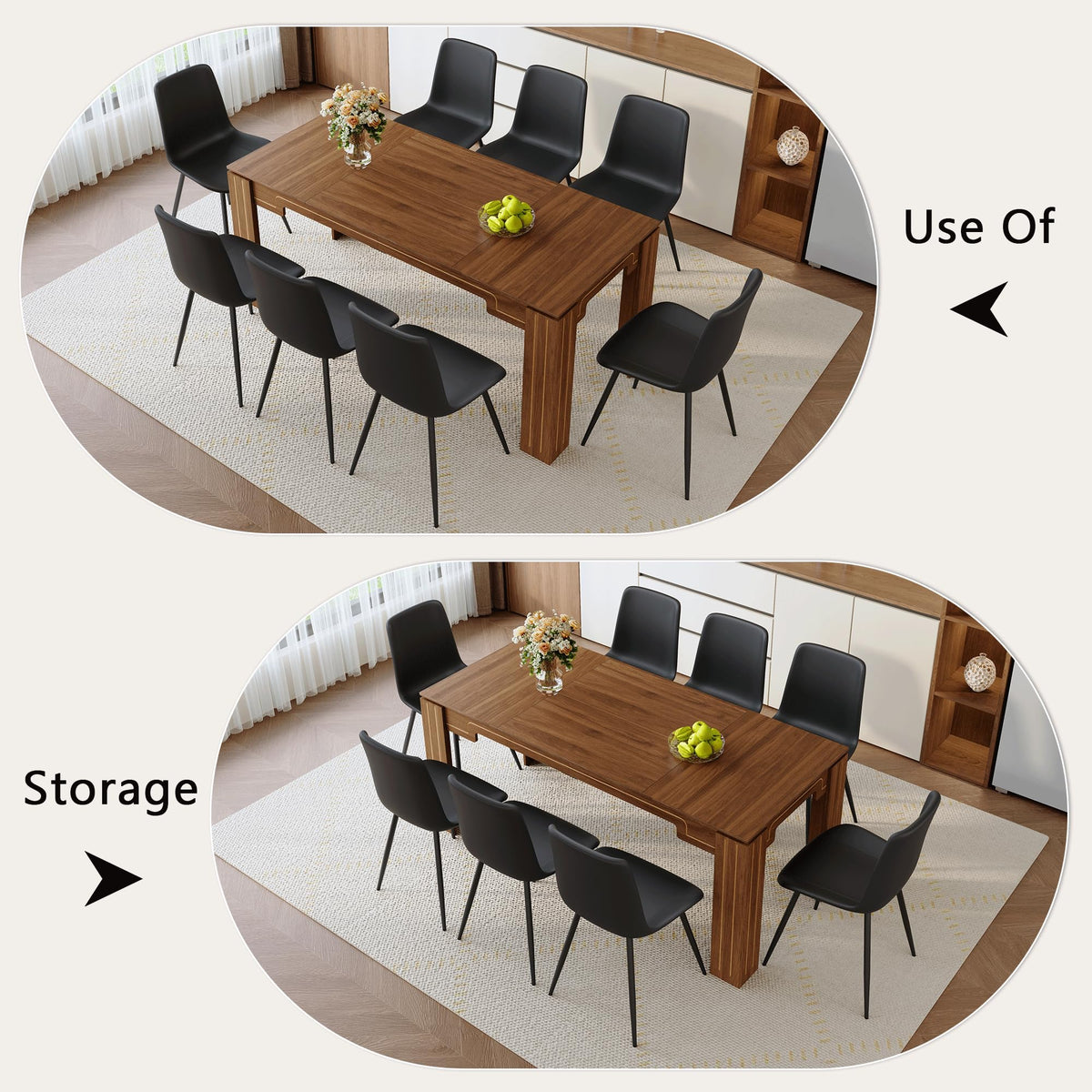 Walnut 9 Piece Dining Table Set with 8 Black Upholstered Chairs D2103