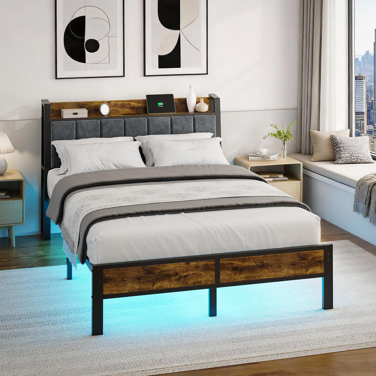 Full Size Bed Frame with LED Light and Charging Station B844