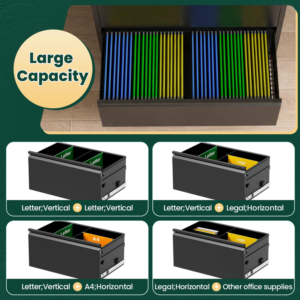 4 Drawer Black Lateral File Cabinet with Lock Y87439