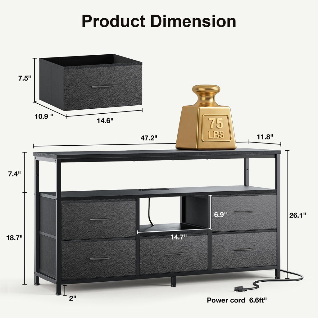 Black 5 Fabric Drawer Dresser TV Stand with LED Lights P1668
