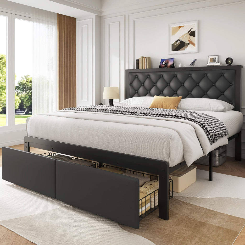 Queen Bed Frame with Upholstered Headboard and 2 Storage Drawers Y1712