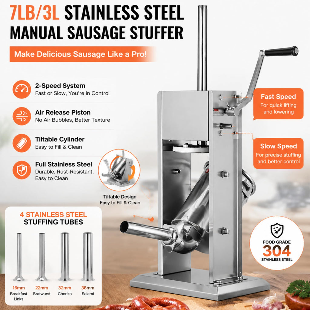 3L Stainless Steel Manual Sausage Stuffer with 4 Tubes W1399