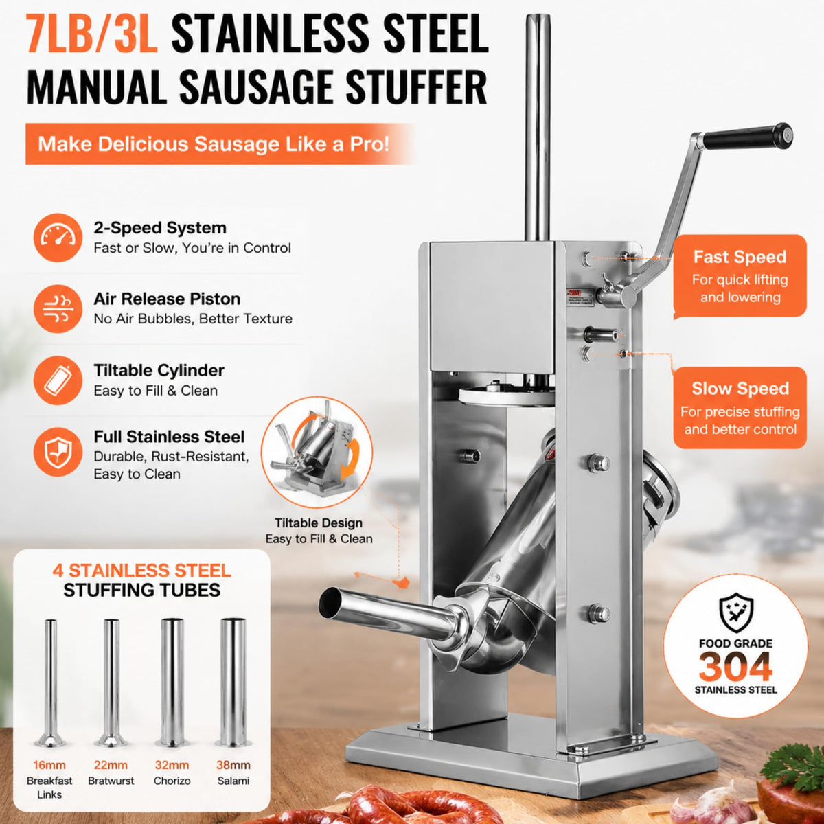 3L Stainless Steel Manual Sausage Stuffer with 4 Tubes W1399