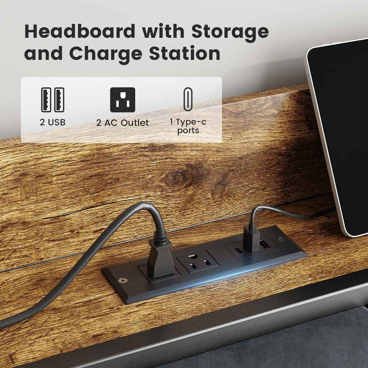 Full Size Bed Frame with LED Light and Charging Station B844