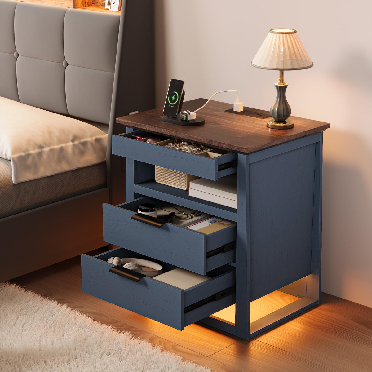 3 Drawer Nightstand with Charging Station and LED Lights P68817