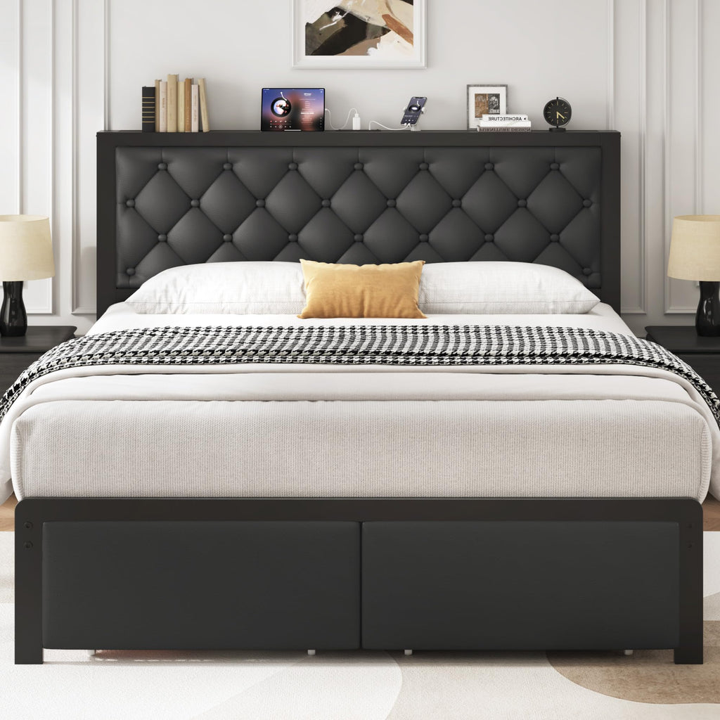 Queen Bed Frame with Upholstered Headboard and 2 Storage Drawers Y1712