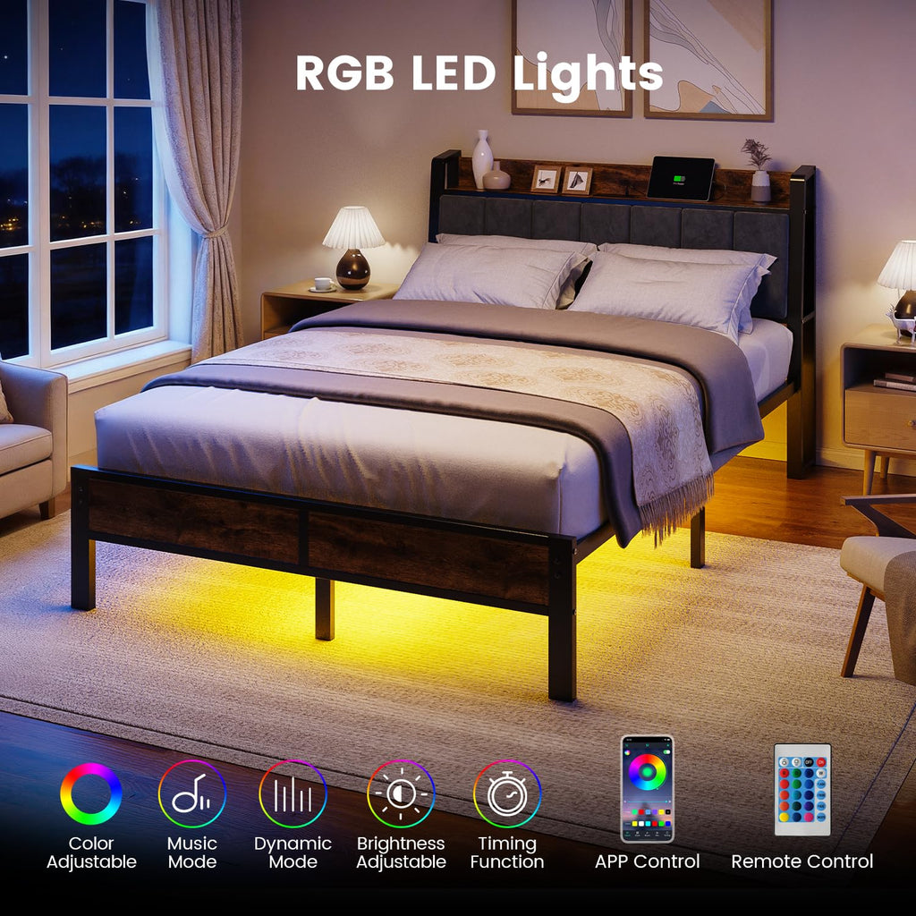Full Size Bed Frame with LED Light and Charging Station B844