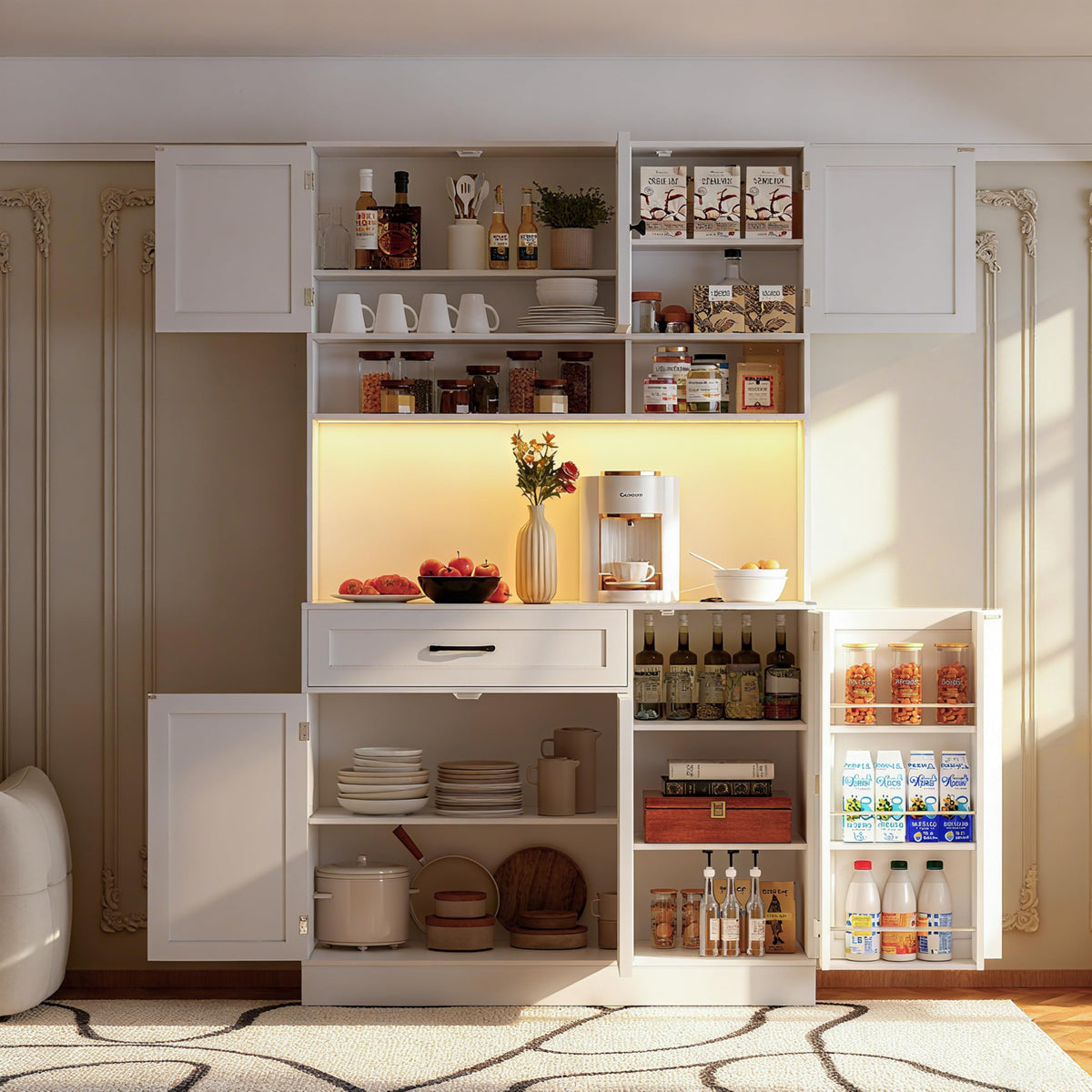 72" Kitchen Pantry Cabinet with LED Light and Charging Station Y22056