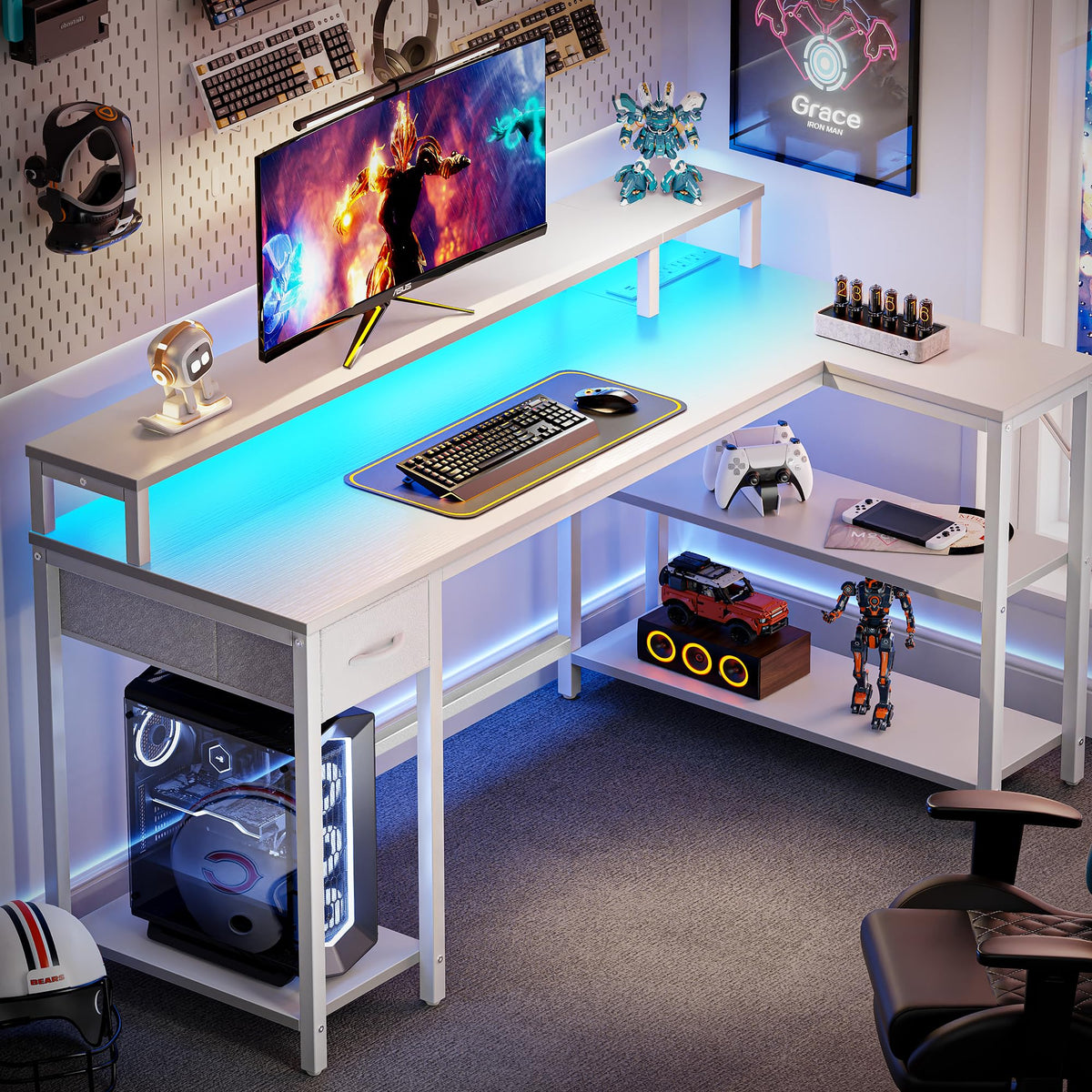 53 inch Reversible L Shaped Desk with LED Lights & Power Outlets H967525