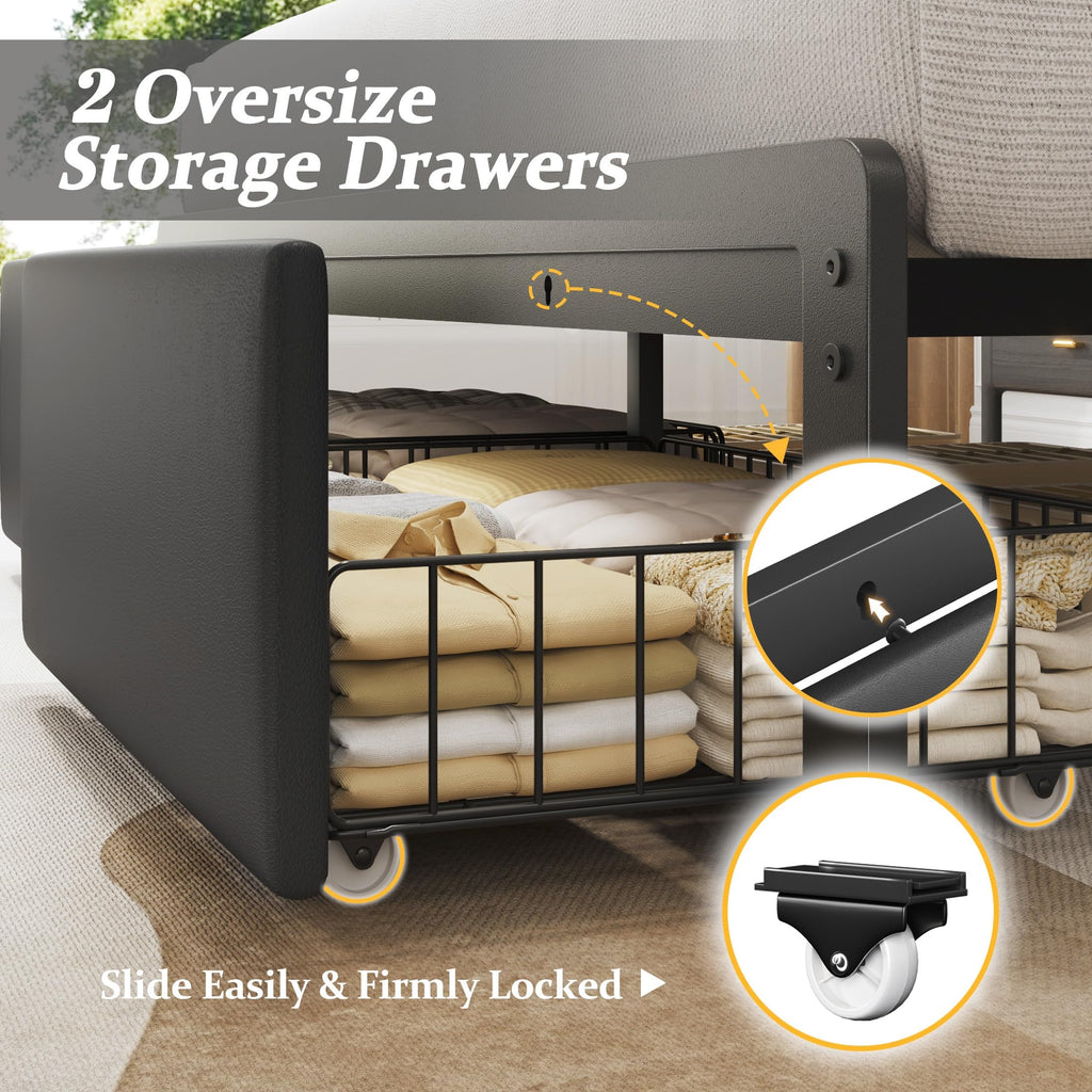 Queen Bed Frame with Upholstered Headboard and 2 Storage Drawers Y1712