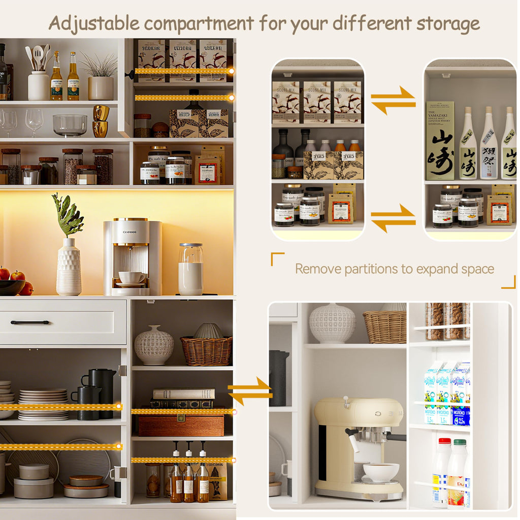 72" Kitchen Pantry Cabinet with LED Light and Charging Station Y22056