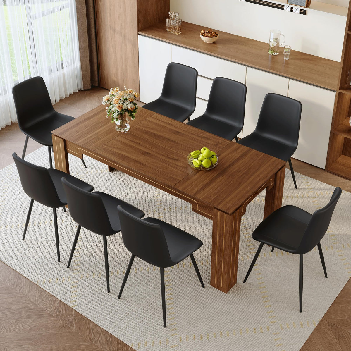 Walnut 9 Piece Dining Table Set with 8 Black Upholstered Chairs D2103