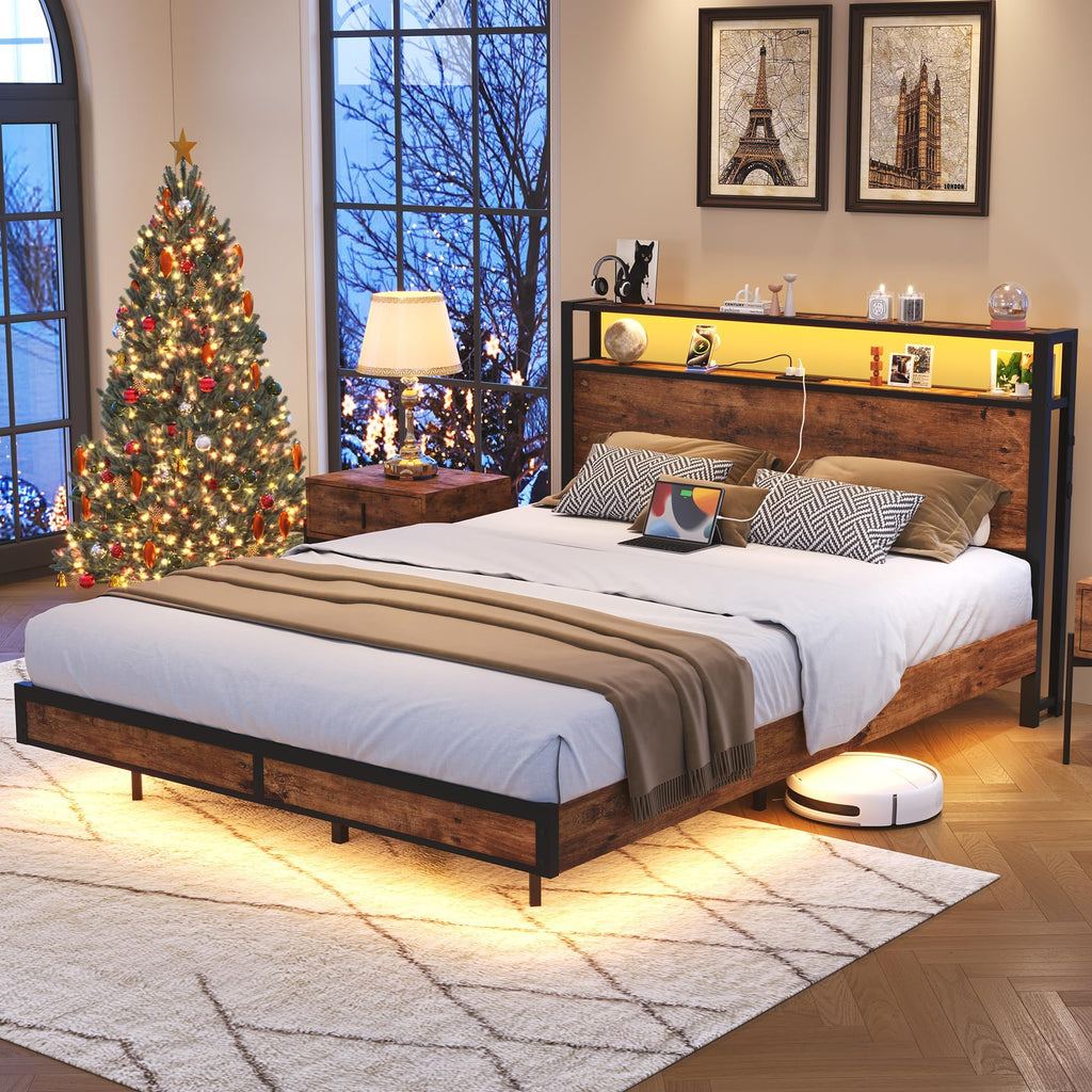 Queen Size Metal Platform Bed Frame with Storage Headboard K54282