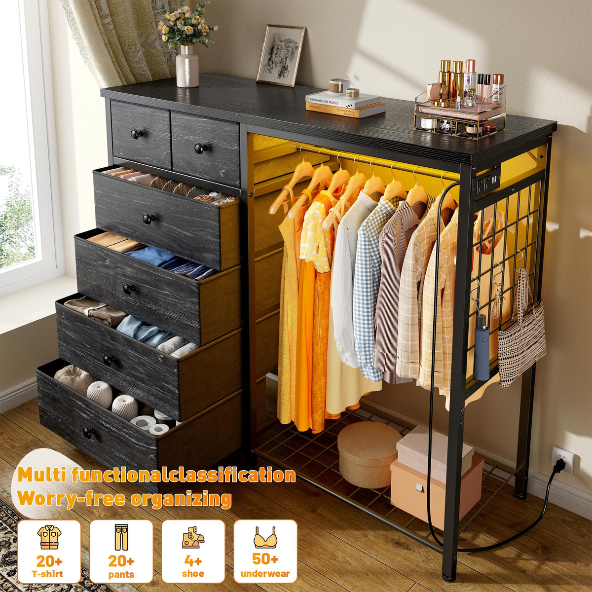 49.2" W Dresser with Hanging Rack & 6 Drawers P492