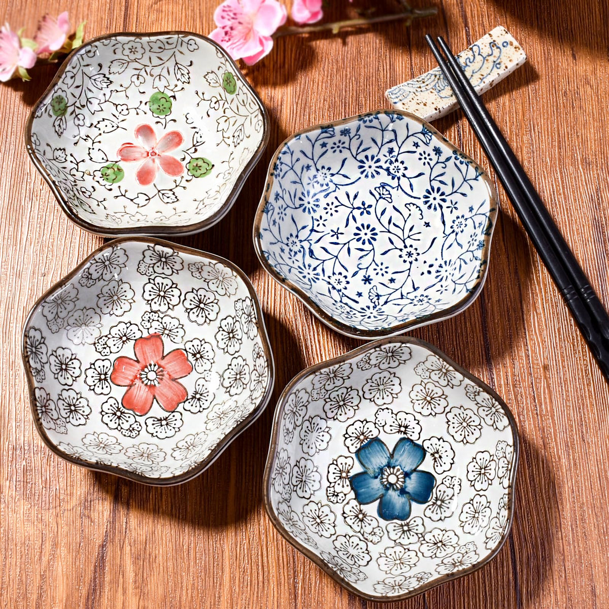 Hand-Painted Floral Ceramic Pinch Bowl Set, 12-Piece Mini Condiment Dishes V147